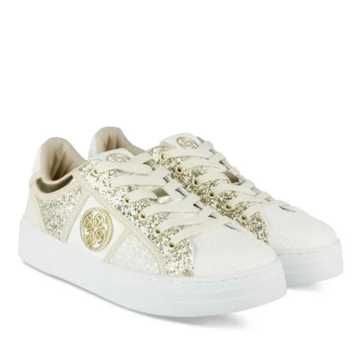 Baskets BLANC Femme Motif Paillettes Lacets