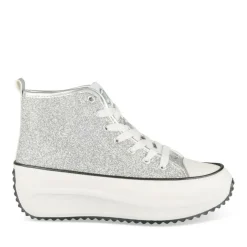 Baskets Montante ARGENT Femme Motif Paillettes Lacets