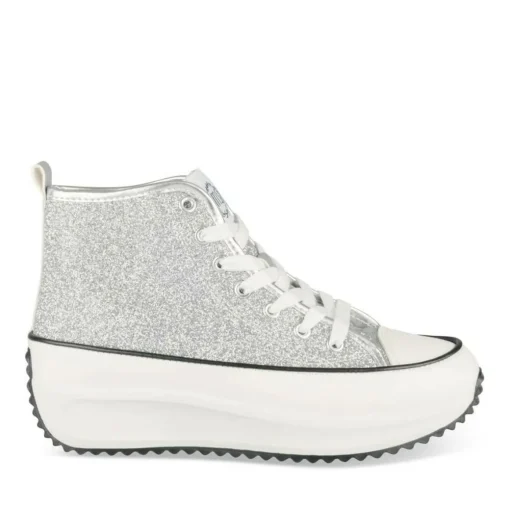 Baskets Montante ARGENT Femme Motif Paillettes Lacets