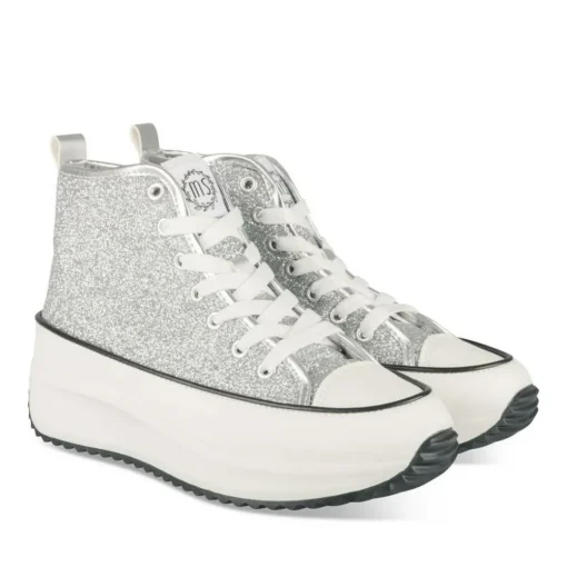 Baskets Montante ARGENT Femme Motif Paillettes Lacets
