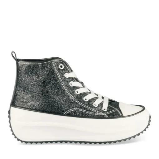 Baskets Montante NOIR Femme Motif Paillettes Lacets