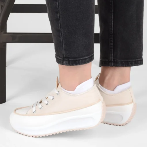 Baskets Toile BEIGE Femme Motif Uni Lacets