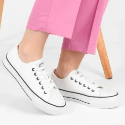 Baskets Toile BLANC Femme Motif Uni Lacets