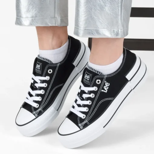 Baskets Toile NOIR Femme Motif Uni Lacets