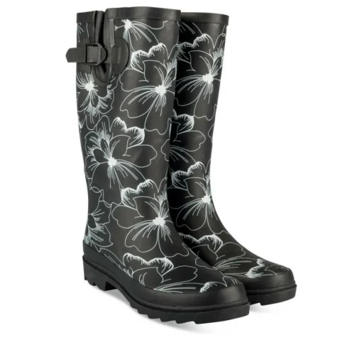 Bottes De Pluie NOIR Femme Motif Fleuri A Enfiler
