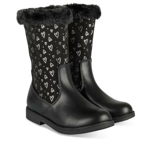 Bottes Fourré NOIR Fille Motif Coeurs Fermeture éclair