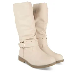 Bottes Plissé BEIGE Femme Motif Uni Fermeture éclair