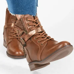 Bottines COGNAC Femme Motif Animal Lacets
