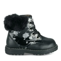 Bottines Fourré NOIR Fille Motif Fleuri Lacets