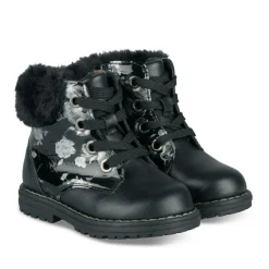 Bottines Fourré NOIR Fille Motif Fleuri Lacets