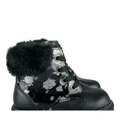 Bottines Fourré NOIR Fille Motif Fleuri Lacets