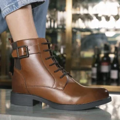 Bottines MARRON Femme CUIR Motif Uni Lacets + Fermeture éclair