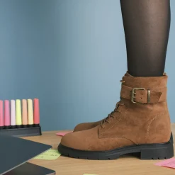 Bottines MARRON Femme Motif Uni Lacets