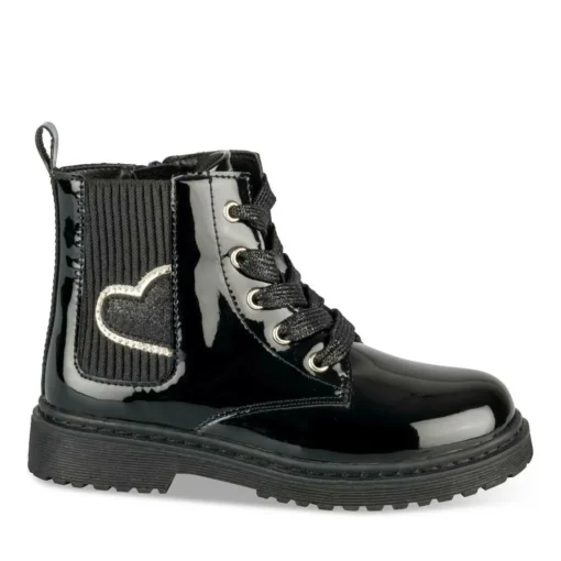 Bottines NOIR Fille Motif Vernis Lacets + Fermeture éclair