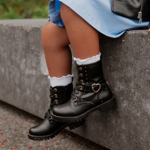 Bottines NOIR Fille Motif Clouté Lacets + Fermeture éclair