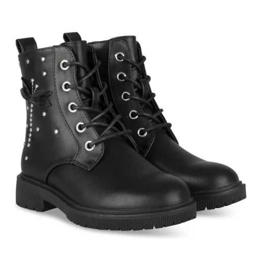 Bottines NOIR Fille Motif Uni Lacets + Fermeture éclair