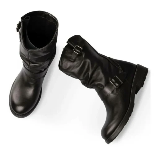 Bottines Plissé NOIR Femme CUIR Motif Uni A Enfiler