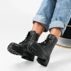 Bottines Rangers NOIR Femme CUIR Motif Uni Elastique