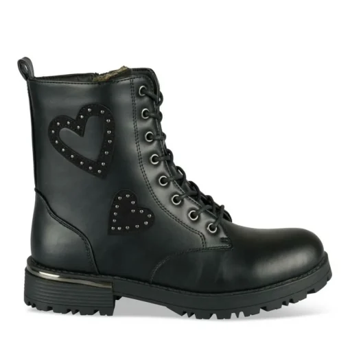 Bottines Rangers NOIR Fille Motif Coeurs Lacets