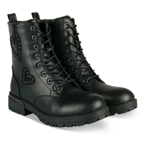 Bottines Rangers NOIR Fille Motif Coeurs Lacets