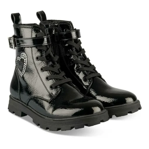Bottines Rangers NOIR Fille Motif Coeurs Lacets