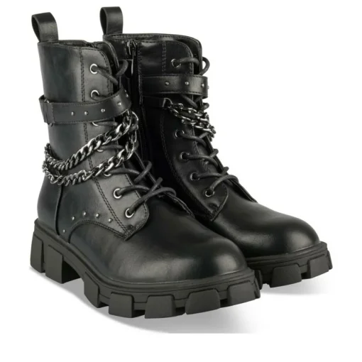 Bottines Rangers NOIR Fille Motif Chaîne Lacets