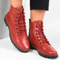 Bottines Rangers ROUGE Femme CUIR Motif Uni Lacets