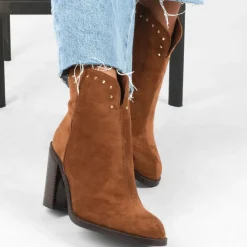 Bottines Santiag MARRON Femme Motif Clouté Fermeture éclair
