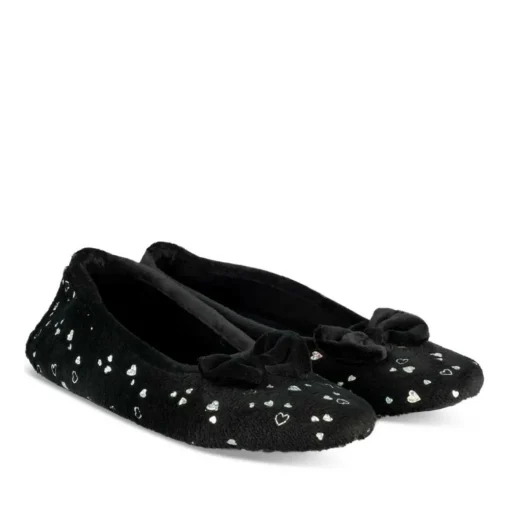 Chaussons Ballerine NOIR Femme Motif Coeurs A Enfiler