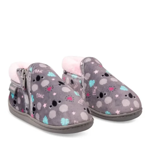 Chaussons Bottine GRIS Fille Motif Animal Fermeture éclair