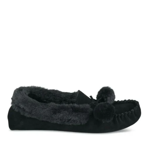 Chaussons NOIR Femme CUIR Motif Uni A Enfiler