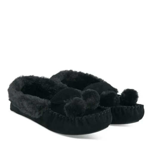 Chaussons NOIR Femme CUIR Motif Uni A Enfiler