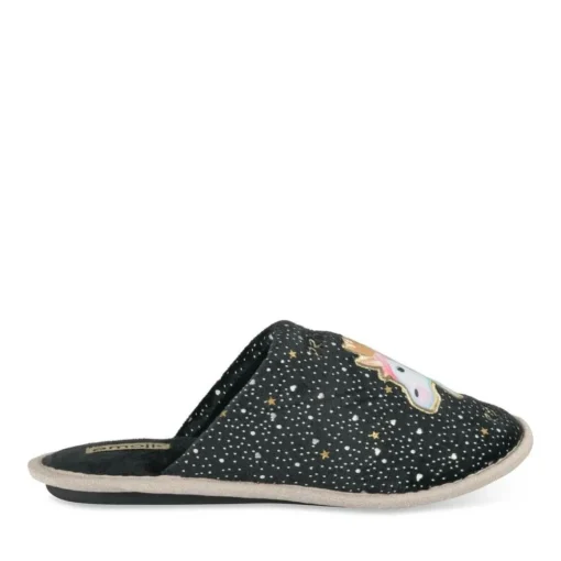 Chaussons NOIR Femme Motif Licorne A Enfiler