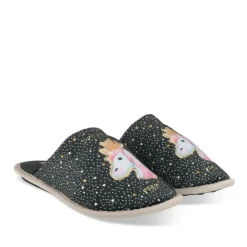 Chaussons NOIR Femme Motif Licorne A Enfiler