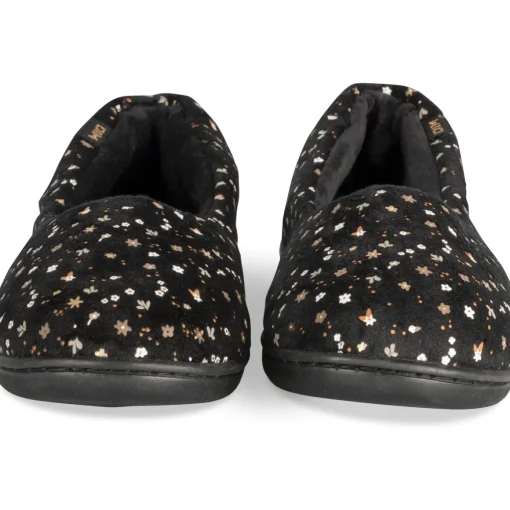 Chaussons NOIR Femme Motif Fleuri A Enfiler