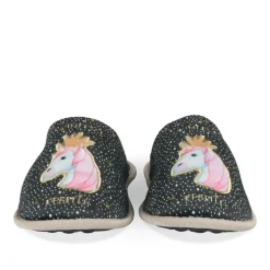 Chaussons NOIR Femme Motif Licorne A Enfiler