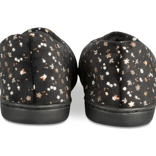 Chaussons NOIR Femme Motif Fleuri A Enfiler
