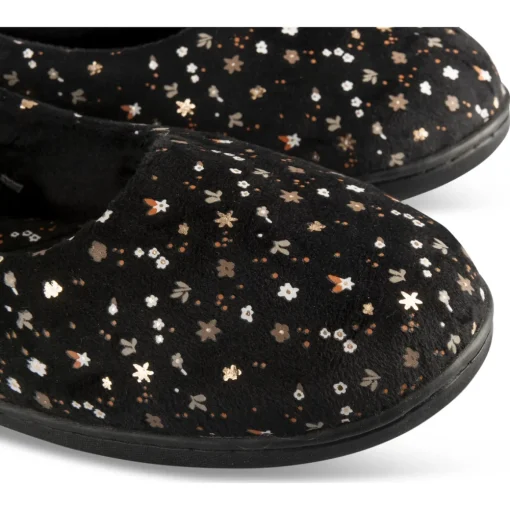 Chaussons NOIR Femme Motif Fleuri A Enfiler