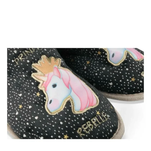 Chaussons NOIR Femme Motif Licorne A Enfiler