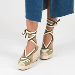 Espadrilles Corde VERT Femme Motif Uni Lacets