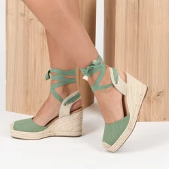 Espadrilles Corde VERT Femme Motif Uni Lacets