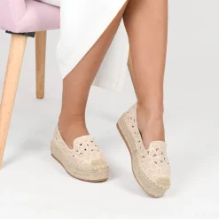 Espadrilles Plateforme BEIGE Femme Motif Fleuri A Enfiler