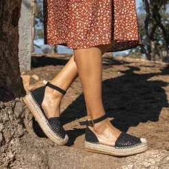 Espadrilles Plateforme NOIR Femme Motif Tressé Boucle