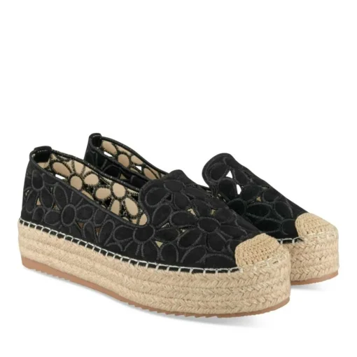 Espadrilles Plateforme NOIR Femme Motif Fleuri A Enfiler