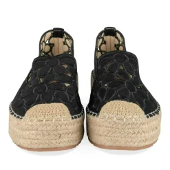 Espadrilles Plateforme NOIR Femme Motif Fleuri A Enfiler