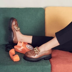 Mocassins MARRON Femme CUIR Motif Chaîne A Enfiler