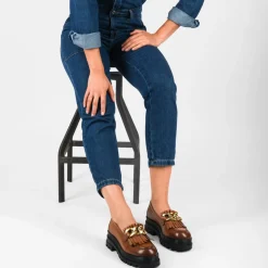 Mocassins MARRON Femme CUIR Motif Chaîne A Enfiler