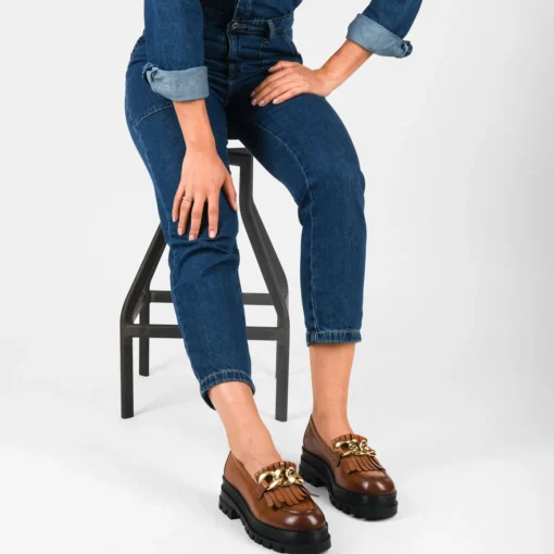 Mocassins MARRON Femme CUIR Motif Chaîne A Enfiler