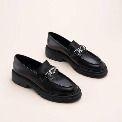 Mocassins NOIR Femme CUIR Motif Chaîne A Enfiler