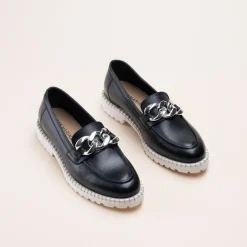 Mocassins NOIR Femme CUIR Motif Chaîne A Enfiler